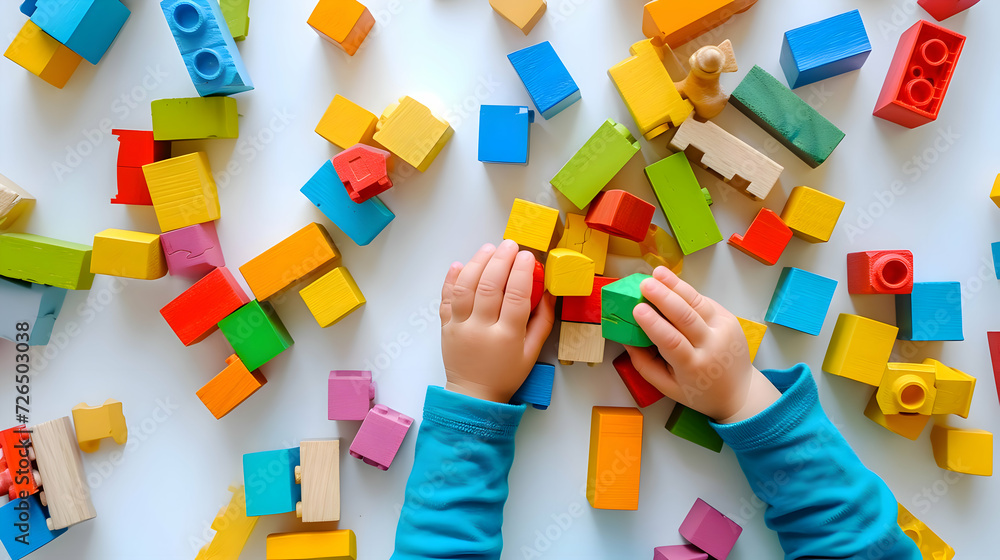 Top view of kid hands playing with colorful wooden building blocks. White background. Montessori education. High quality Top view of kid hands playing with colorful wooden building blocks. White background. Montessori education. High quality