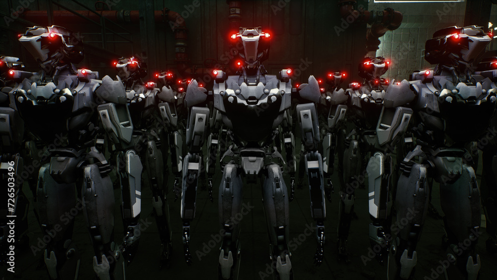 3d rendering of robotics army, industrial group of cyborg machines on factory background. Futuristic AI robotic team, artificial intelligence technology concept.