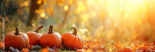 Autumn Halloween pumpkins. Orange pumpkins over bright autumnal nature background photo