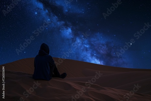 individual sitting on dune, observing starry night