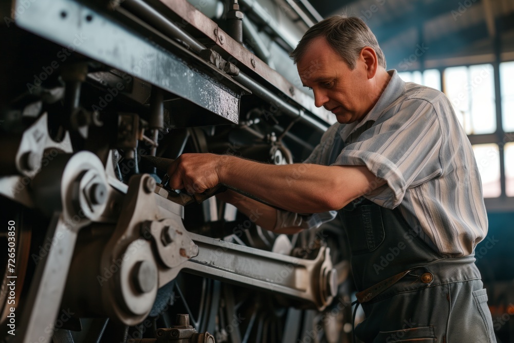 man in overalls maintaining a train engine part man in overalls maintaining a train engine part
