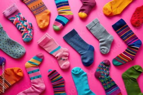 A vibrant assortment of socks arranged neatly on a pink surface. Ideal for fashion, laundry, or clothing concepts
