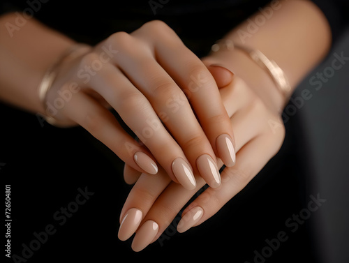 Close up of woman's hands with elegant neutral colors manicure. Luxury hand care. High-resolution