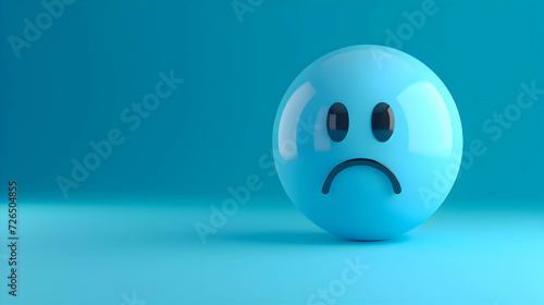 Sad blue emoji face on a light blue background. Blue Monday concept. High-resolution