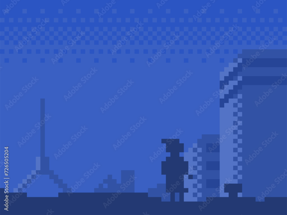Blue Pixel Art Style Illustration, One Child to find your hope with Abandoned City View
