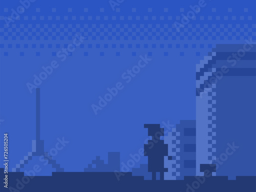 Blue Pixel Art Style Illustration, One Child to find your hope with Abandoned City View