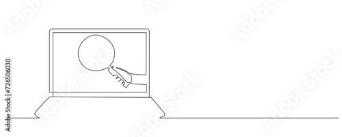 laptop computer screen magnifier search discovery security one line art design background vector