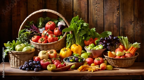 Baskets full of fresh fruits and vegetables on a wooden table 