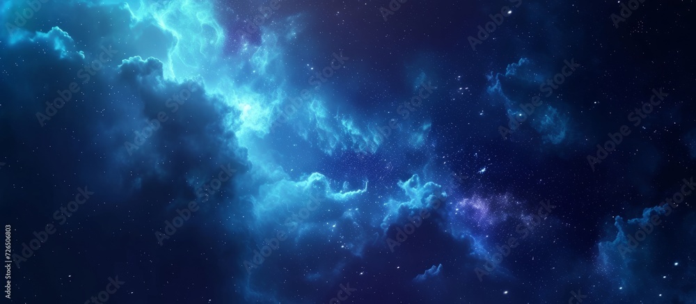 Illustration of deep space with cold blue nebulae, shining stars in a dark night sky.
