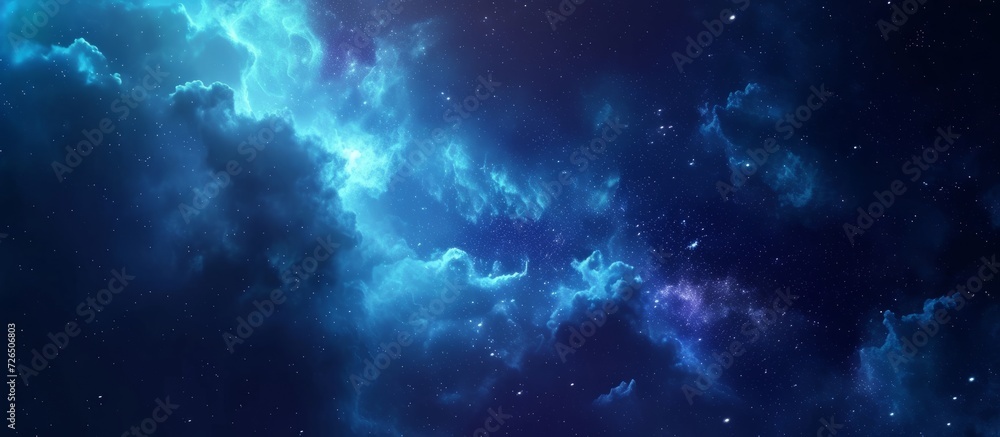 Illustration of deep space with cold blue nebulae, shining stars in a dark night sky. Illustration of deep space with cold blue nebulae, shining stars in a dark night sky.