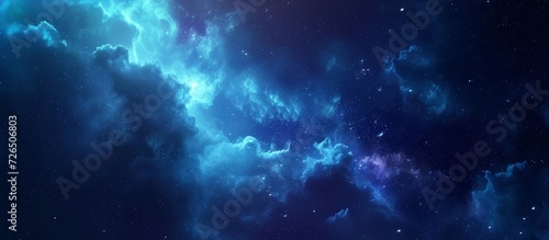 Illustration of deep space with cold blue nebulae, shining stars in a dark night sky.