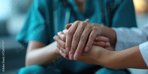 A nurse providing comfort and support to a patient by holding their hands. Suitable for medical and healthcare-related projects