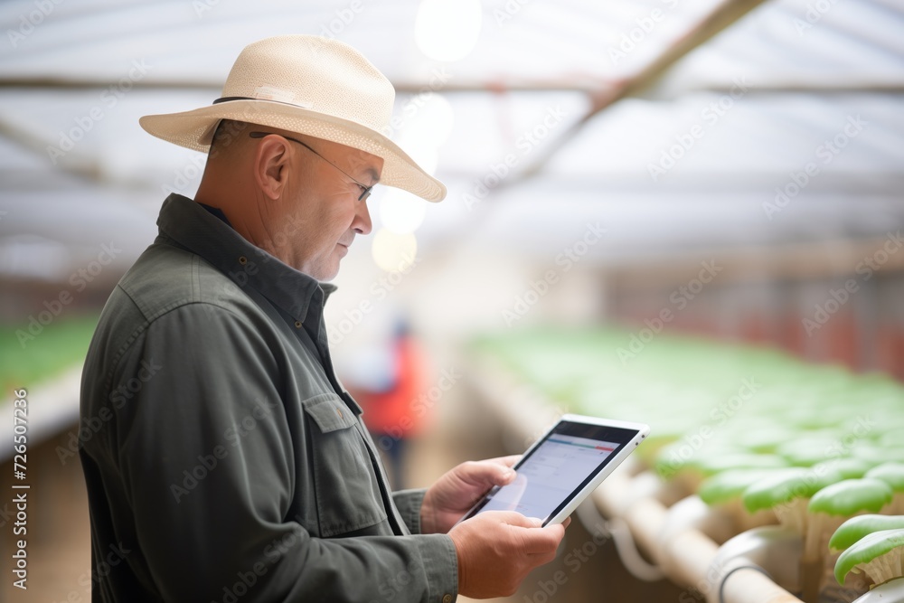 person using tablet to monitor environmental conditions in a mushroom farm person using tablet to monitor environmental conditions in a mushroom farm