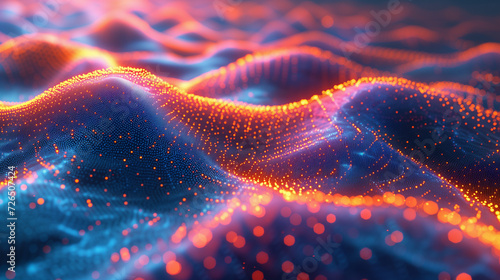Abstract Technology Background with Glowing Particles. A digital landscape of undulating mesh network with glowing orange and blue particles, symbolizing advanced technology and data flow. © Benjawan