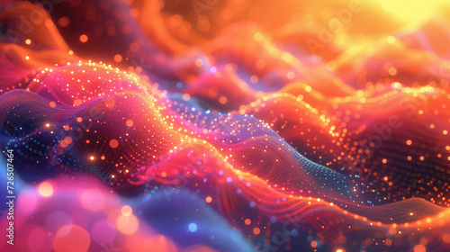 Abstract Technology Background with Glowing Particles. A digital landscape of undulating mesh network with glowing orange and blue particles, symbolizing advanced technology and data flow.