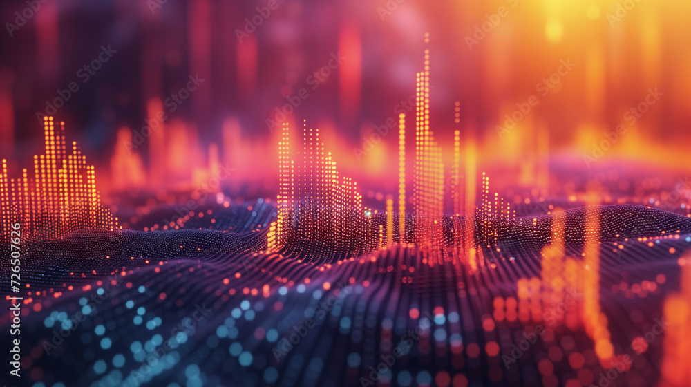 Naklejka premium Digital Data and Network Connection Visualization. Abstract digital landscape with glowing grid lines and rising data points, representing network connectivity, data analysis, and modern technology.