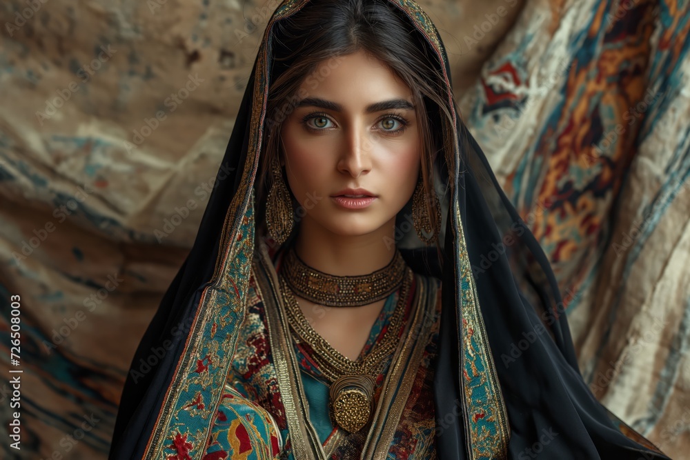 Iran woman in national clothes of Iran detailed photography texture. Iran woman. Horizontal format