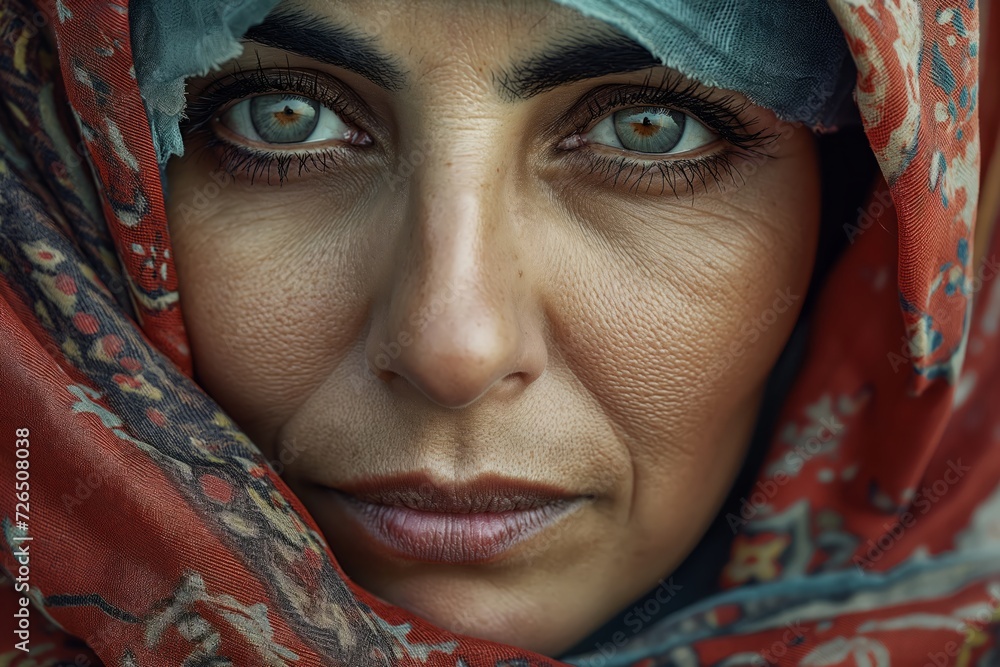 Portrait of Iranian old woman in national clothes close up from history of Iran realistic detailed photography texture. Iranian old woman. Horizontal format