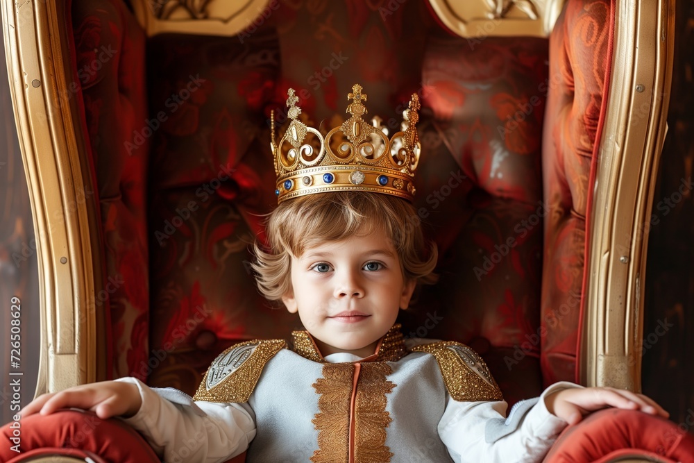 kid wearing a crown with a royal throne chair