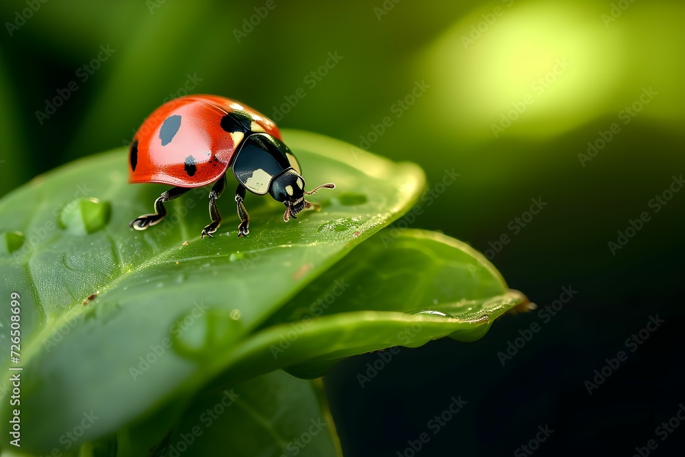 Obraz premium Ladybug Strolling on a Dewy Green Leaf