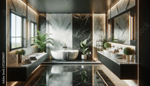 Modern luxury bathroom interior with a side view mock-up. The design features dark marble background walls, creating a sophisticated photo
