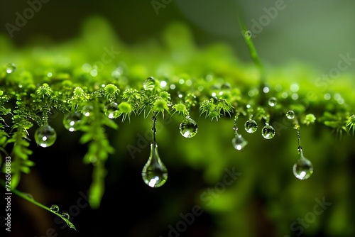 Water Drops Suspended from Fresh Green Moss