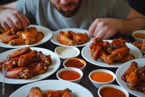 Fototapeta Naklejka Na Ścianę i Meble -  eater with game face, plates of wings, sauces arrayed