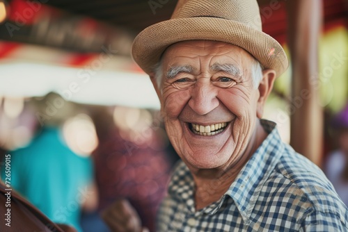 senior with a confident smile betting on a horse race photo
