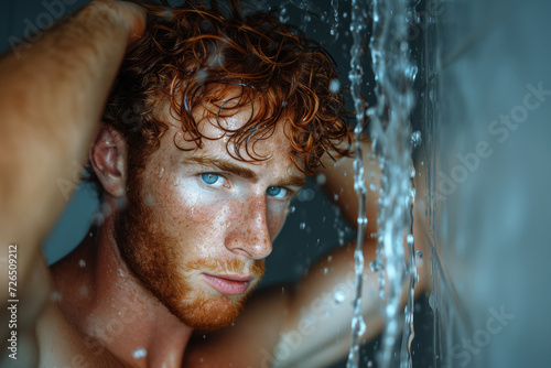 Freckled Man Enjoying a Warm Shower. A redhead man with freckles standing under a shower  water streaming down.