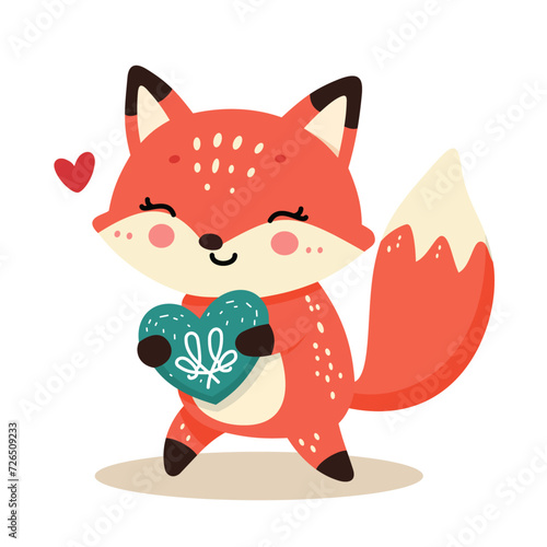 Cute smiling little fox holding a heart shaped gift