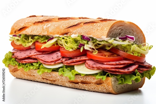 Salami sandwich with fresh vegetables isolated on white background.