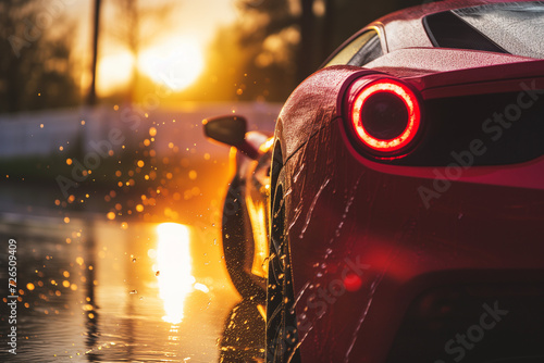 Supercar dripping in water, paint streaks, close-up, sunset lighting