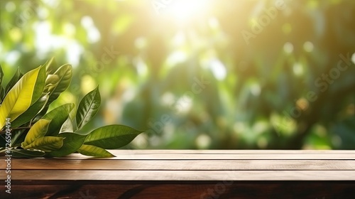 wood table green wall background with sunlight
