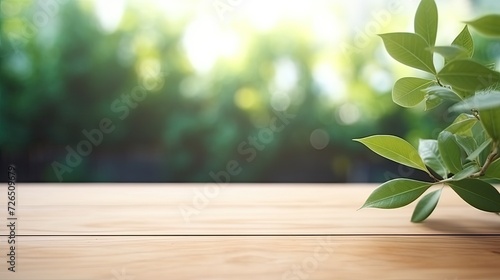 wood table green wall background with sunlight, copy space for product, green plant foreground