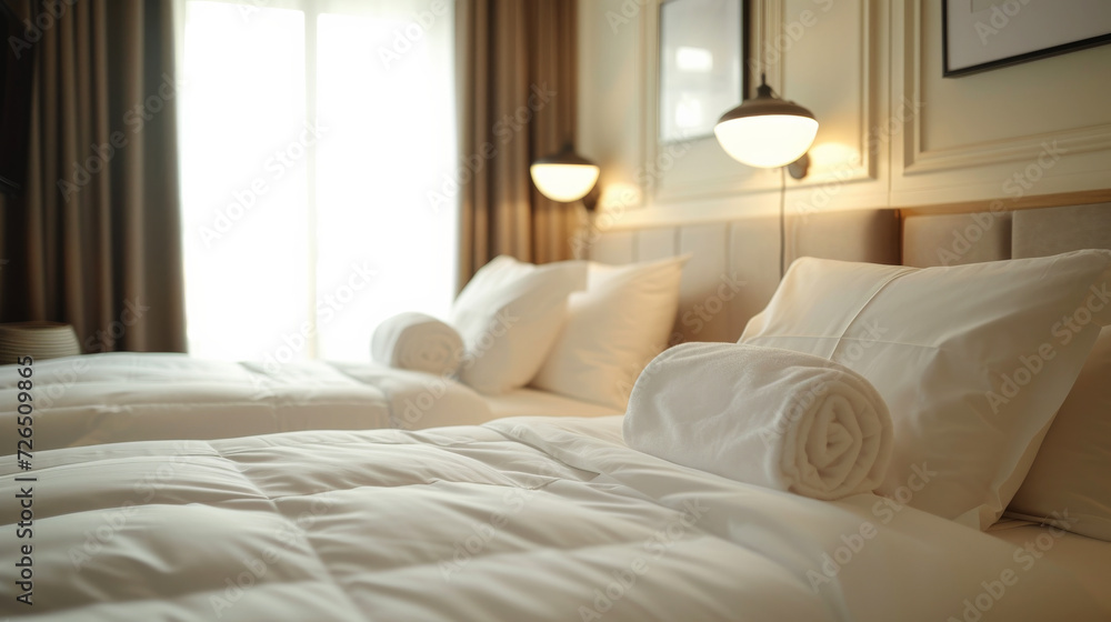 Bright and Airy Hotel Bedroom Ambiance.
A bright hotel bedroom with tasteful lamps and a soft, inviting bed.