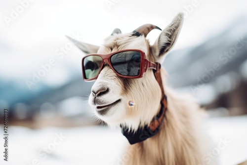 goat with ski glasses on, amidst snowy mountain backdrop © primopiano