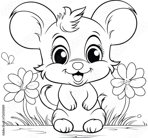 Cute cartoon mouse with flowers. Vector illustration for coloring book.