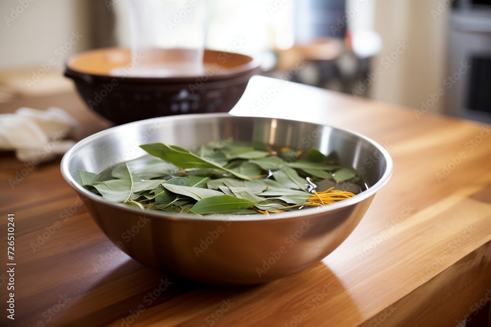 eucalyptus leaves in steaming bowl of water eucalyptus leaves in steaming bowl of water