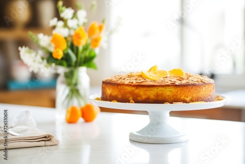 glutenfree almond orange cake with sliced almonds on top photo