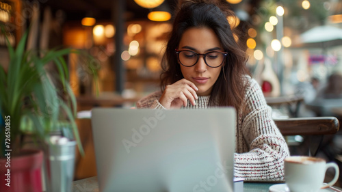 An attractive and elegant woman wearing glasses, deeply focused on her laptop while seated at a cafe table and enjoying a cup of coffee