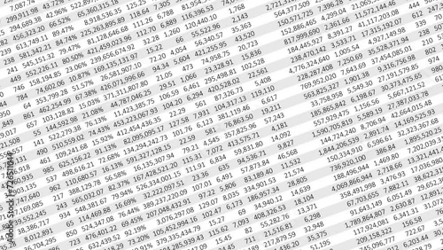 Numbers on a spreadsheet in columns and rows facing left panning downwards