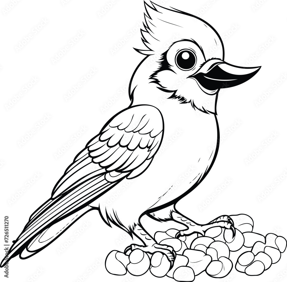 Jay bird sitting on a pile of pebbles. Vector illustration