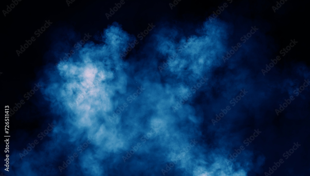 Abstract blue misty fog on isolated black background. Smoke stage studio. Texture overlays. The concept of aromatherapy.