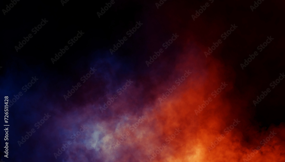 Abstract fire and blue misty fog on isolated black background. Smoke stage studio. Texture overlays. The concept of aromatherapy.
