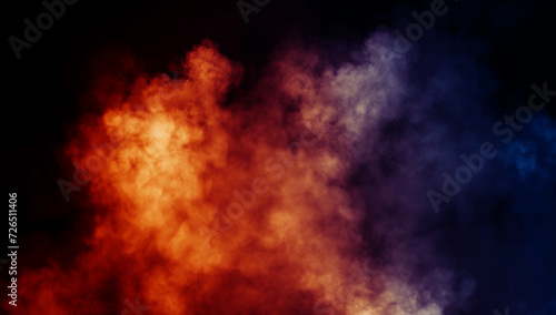 Abstract fire and blue misty fog on isolated black background. Smoke stage studio. Texture overlays. The concept of aromatherapy.