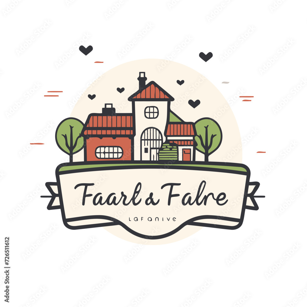 Flat line style vector illustration of a farm house with a ribbon for text.