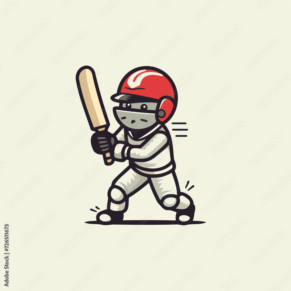Cricket player in helmet and bat. Vector cartoon illustration.