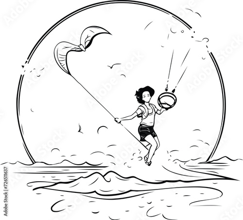 Kitesurfing girl. Hand drawn sketch. Vector illustration.