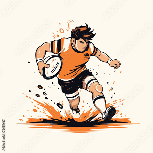 Rugby player in action with ball. Vector illustration in retro style.