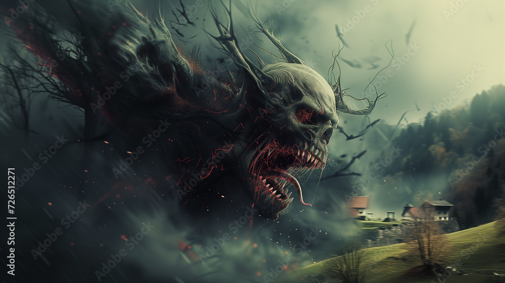 Sickly Grotesque Demon Entity Lurking Hills Countryside - obrazy, fototapety, plakaty 
